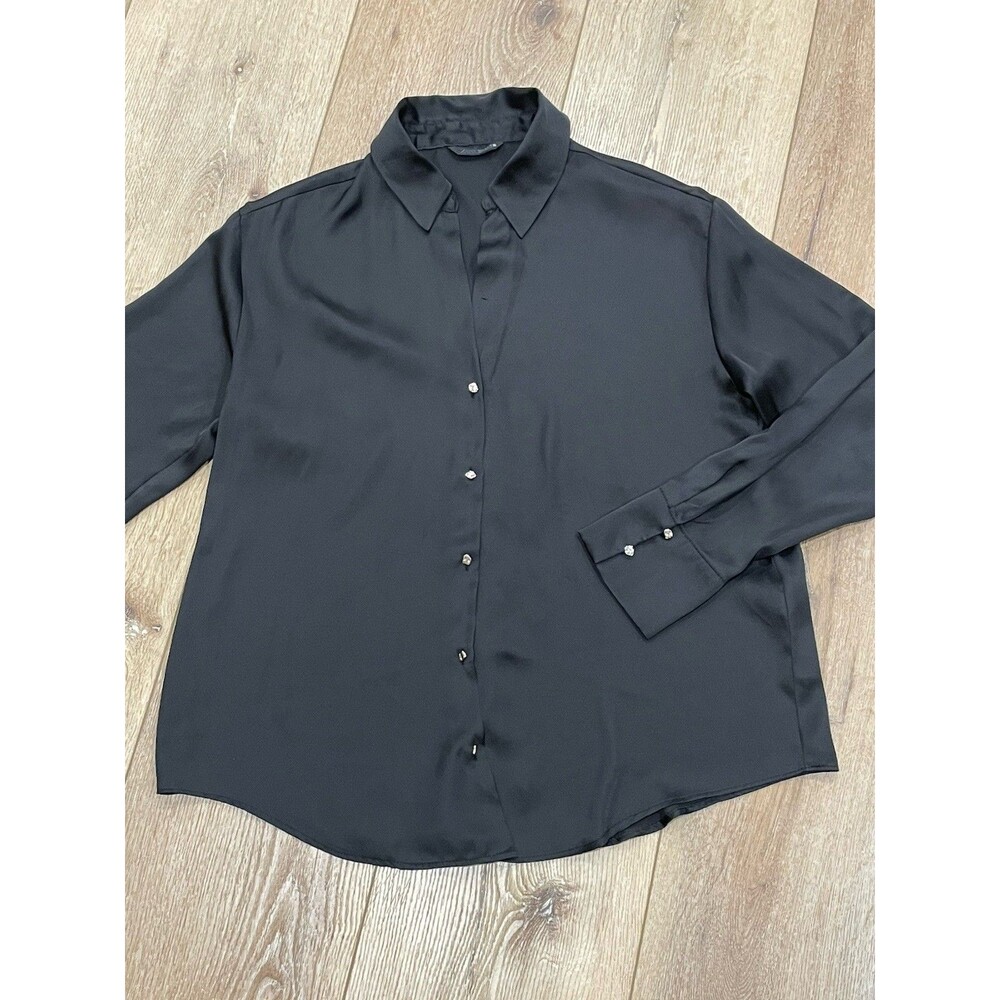 Zara Women's Black Silk Satin Long Sleeve Gold Button Down Blouse Shirt Top Med